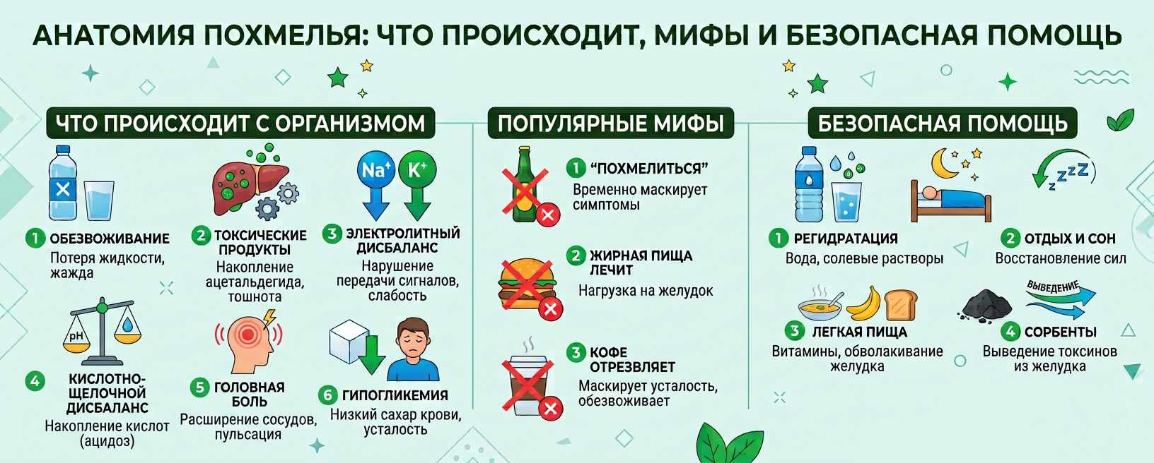 Анатомия похмелья: что происходит, мифы и безопасная помощь» с процессами в организме и методами восстановления